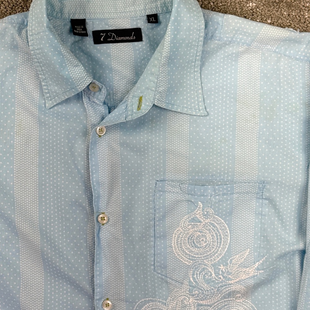 7 Diamonds Button Down Men XL Light Blue Bird Embroidered Stripe Western Shirt